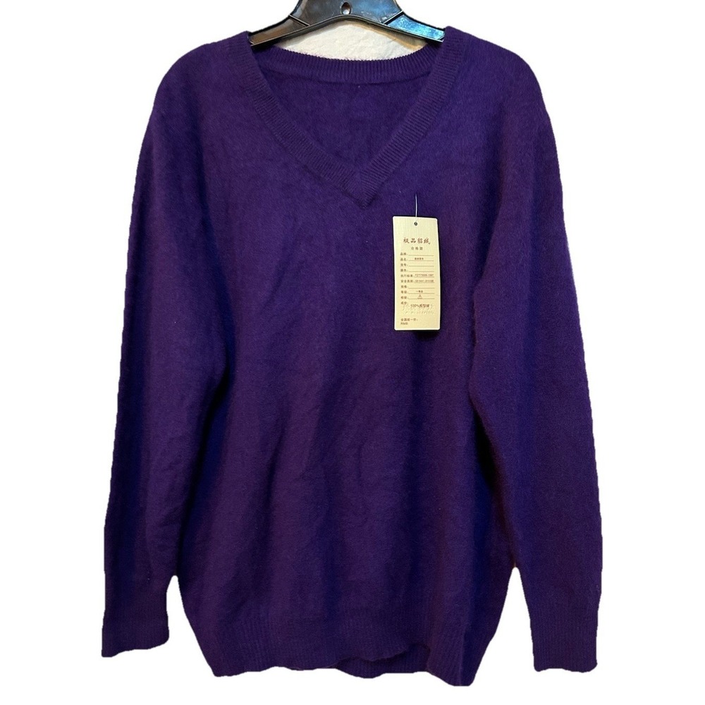Fall Winter Faux Mink Fleece Sweater Women's Large Pullover V-neck‎ Purple